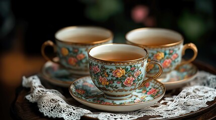 Delicate porcelain teacups adorned with intricate floral patterns sit on a lace-covered table, waiting for a gathering The scene is elegant and refined