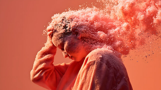 A pensive figure grabs their head as pink salt particles erupt from the scalp, portraying mental overload, emotion, and abstract transformation.