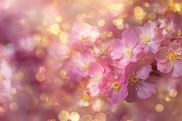 Delicate pink blossoms bathed in golden light.