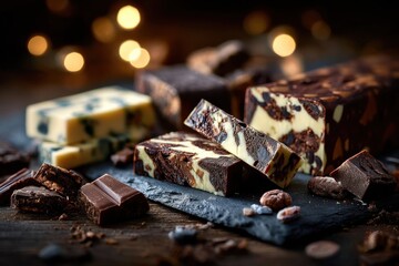 Assorted Fudge and Cheese Pieces on Slate Slab