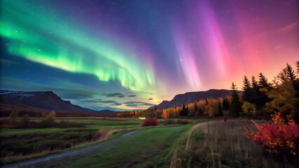 Obraz premium light holds the secrets of time and color is the language of magic, a mysterious pathway of shimmering particles appears under the twilight sky.