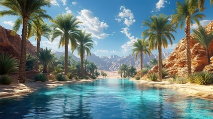 Obraz premium Desert oasis with palm trees and a shimmering pool of water, a welcome respite from the harsh and arid landscape, a symbol of survival