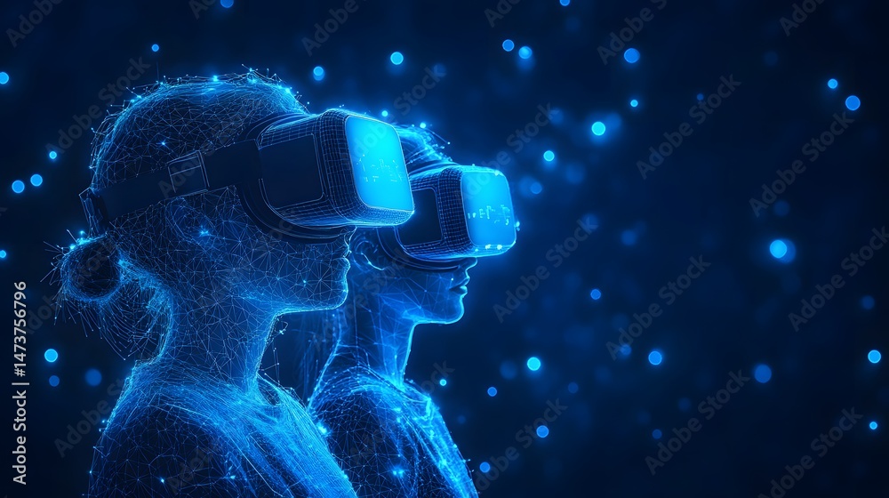 Poster futuristic scene depicting two stylized figures immersed in virtual reality. neon blue wireframe fig
