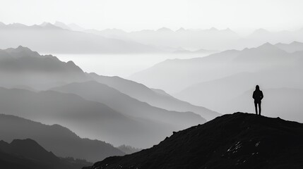 Silhouette of a person standing alone on a mountain peak, surrounded by misty mountains.