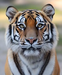 Fototapeta premium A majestic tiger staring directly at the viewer. The detailed portrait shows the beauty of the wild animal, highlighting the striped coat. The sunlight gives the image warm colors.