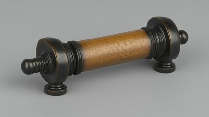 Ornate cylindrical object with wooden core and bronze accents