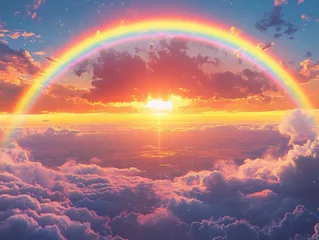 A vibrant rainbow arches over a breathtaking sunset, its colors reflected in the fluffy clouds below