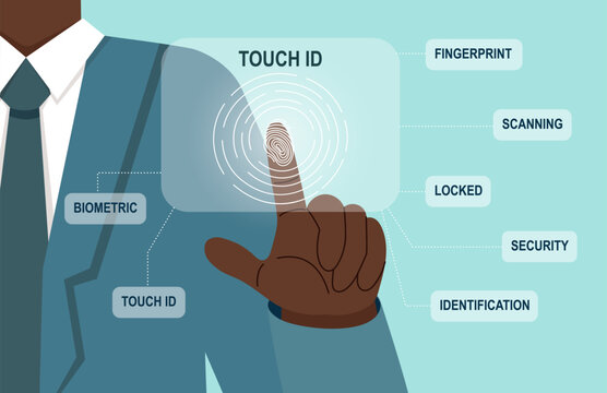 Fingerprint scanning system. Biometric identification technology concept. Person scanning fingerprint. Personal touch id identity. Unique touch id. Vector hand drawn banner.