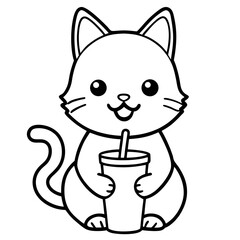 A Cute Cartoon Cat Delights in a Refreshing Drink, coloring page
