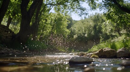 Sunny stream splashes through forest