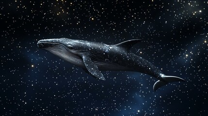 A majestic whale floats serenely in a starry sky. The image creates a surreal and beautiful scene.