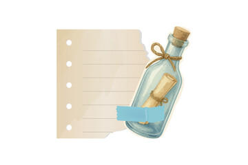 Vintage message in bottle with torn paper sticker background