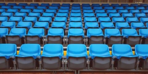 Rows of empty blue stadium seats awaiting spectators