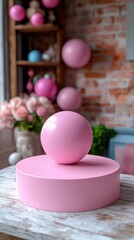 Elegant minimal pink scene ball on base bright wood table with soft floral backdrop art space