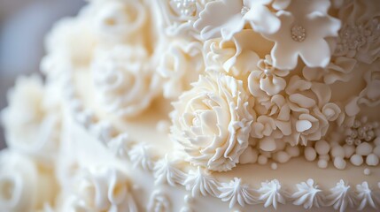 A close-up showcases a beautifully decorated white wedding cake. The image highlights the cake’s intricate details and pristine white frosting.