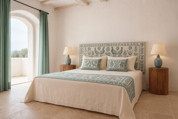 Mediterranean Bedroom with Sage Green Sardinian Textiles and Arched Balcony View