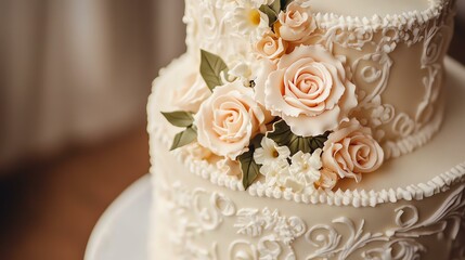 Obraz premium A white wedding cake is adorned with fresh flowers, creating a beautiful centerpiece.