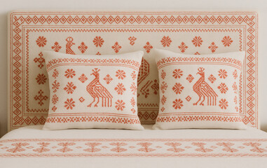 Close-Up of Mediterranean Bed with White and Coral Red Sardinian Textiles