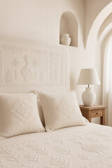 Obraz premium Vertical Close-Up of Cream Sardinian Headboard and Cushions in Mediterranean Interior
