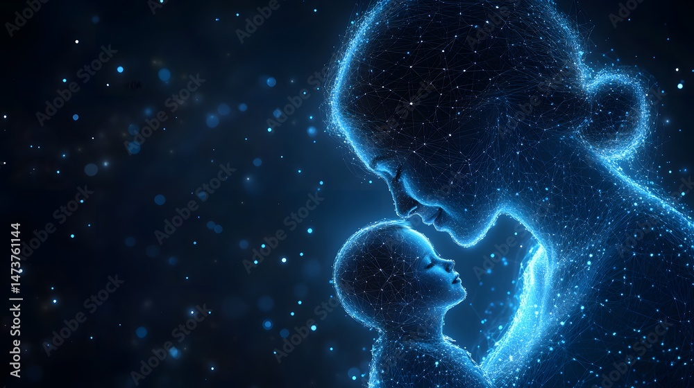 Poster a luminous blue mother tenderly embraces her baby, depicted in a digital network of dots and lines. 