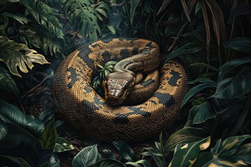 Fototapeta premium A snake resting among lush green foliage.