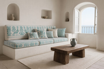 Mediterranean Living Room with Sea View, Built-In Sofa and Sardinian Textile Decor