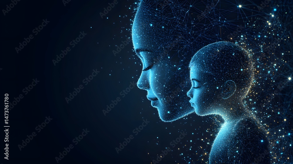 Aufkleber a mother and child are depicted in profile, rendered with interconnected blue lines and points of li