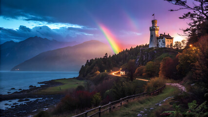 Fototapeta premium light holds the secrets of time and color is the language of magic, a mysterious pathway of shimmering particles appears under the twilight sky.