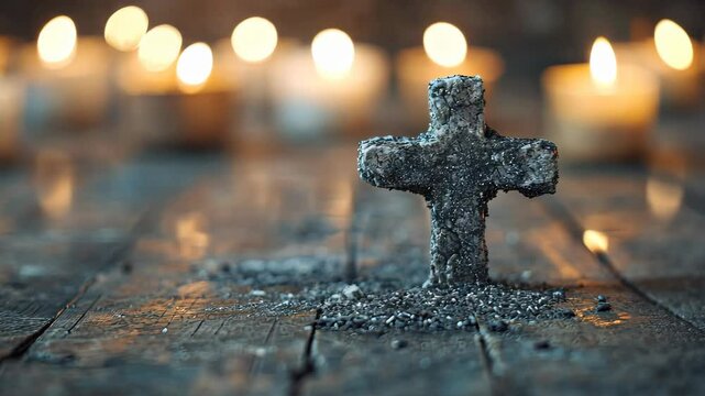A close-up of a cross made from ashes on a wooden table, with candles flickering in the background
