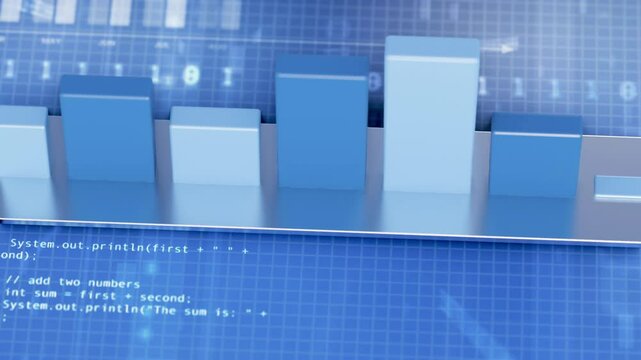 Three-dimensional bar graph growing from a digital screen with animated statistics and infographics about financial market. 4K resolution animation.