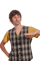 Expressive young man demonstrates flair in casual outfit with playful gesture