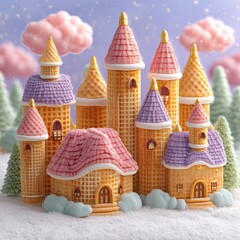Obraz premium Pastel Waffle Castles in a Snowy Digital Wonderland