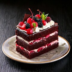 Delicious Black Forest gateau cake with cherries and chocolate shavings tempting dessert lovers