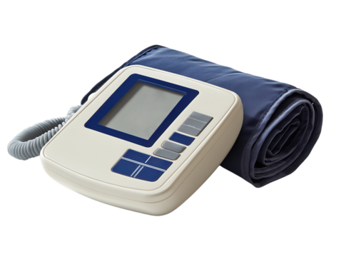 A digital sphygmomanometer with an LCD screen and adjustable cuff. transparent PNG