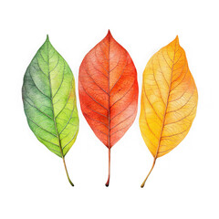 Three colorful leaves isolated on transparent background