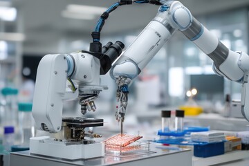 AI-driven robots in a research setting, performing intricate tasks with exceptional precision and speed.