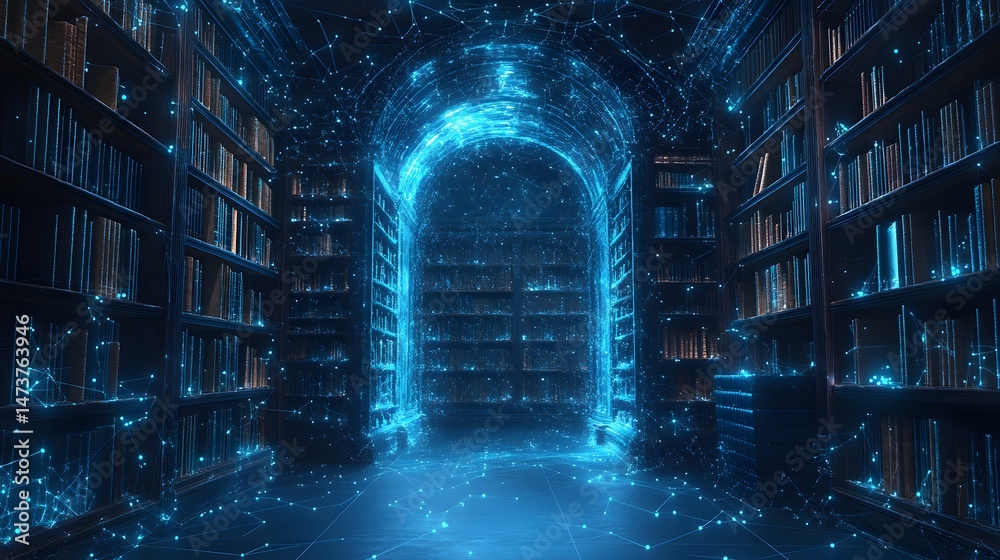 Poster Step into a digital library where knowledge meets innovation! Books line glowing shelves, and an arch of light beckons discovery. Explore the future of information! Abstract wireframe in dark blue.