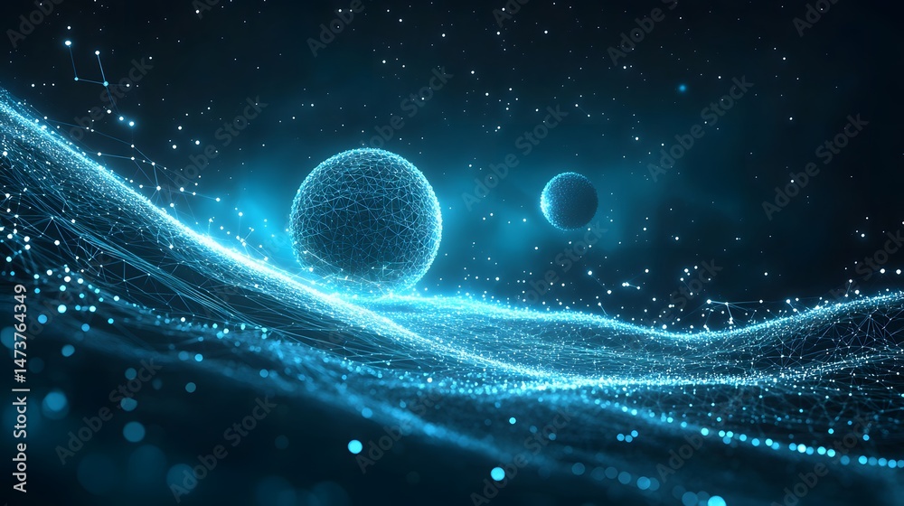 Fototapete mystical abstract spheres glow against a starfield backdrop. interconnected lines create depth and w