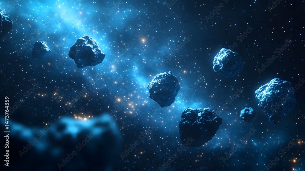 Aufkleber cosmic asteroids glisten with bluish light amidst a star-filled nebula, bathed in golden hues. a cap