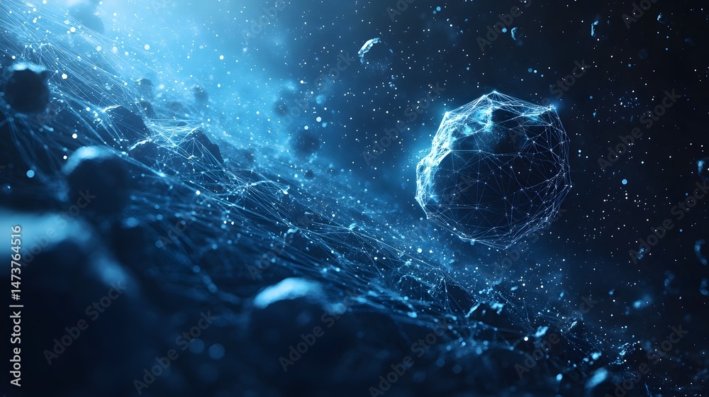 Leinwandbilder Futuristic network visualization featuring connected spheres with glowing blue lines, creating a web-like structure. Sparkling lights enhance depth and ethereal feel. Abstract wireframe in dark blue.