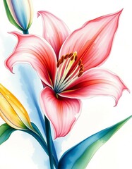Detailreiche Aquarellillustration einer Lilie mit gr&uuml;nen Bl&auml;ttern auf wei&szlig;em Hintergrund, ideal f&uuml;r florale Designs.