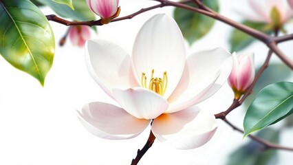 Rosa Magnolienbl&uuml;ten und gr&uuml;ne Bl&auml;tter als floraler Aquarellrahmen auf wei&szlig;em Hintergrund, romantisch und elegant.