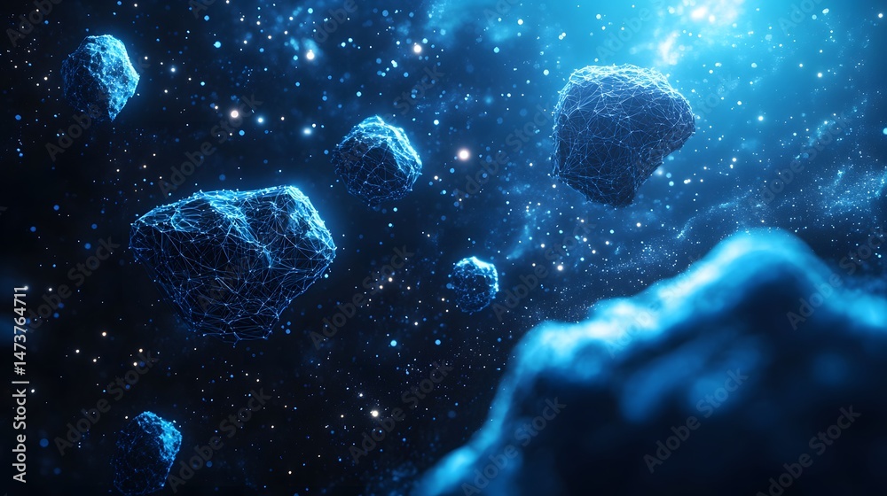 Fototapete ethereal, glowing polygonal space debris floats against a stellar backdrop. blue wireframe asteroids