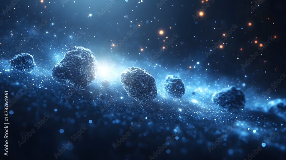 Poster A captivating cosmic scene with glowing particles and floating wireframe objects. Dramatic lighting and blue hues create a surreal, abstract space. Abstract wireframe in dark blue.