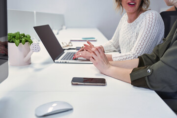 Fototapeta premium Hands of businesswomen talking and using laptop at office desk