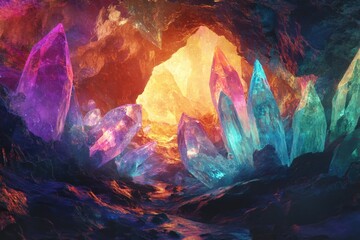 Fototapeta premium Vibrant crystals illuminate a subterranean cave passage.