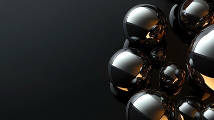 A collection of spheres are arranged on a black background. The image features a cluster of spherical objects against a dark backdrop.