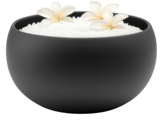 A traditional black alms bowl with a small portion of sticky rice and flower petals inside. transparent PNG