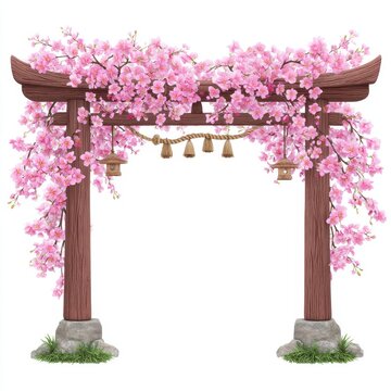 Pink Cherry Blossom Torii Gate on White Background