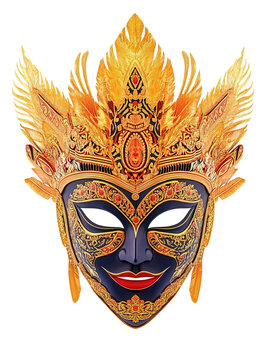 A vibrant wooden Cham dance mask with fierce facial features and intricate paintwork. transparent PNG